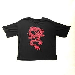 Black Oversized Short Sleeve Unisex Shein Graphic Tee w/ Red Dragon